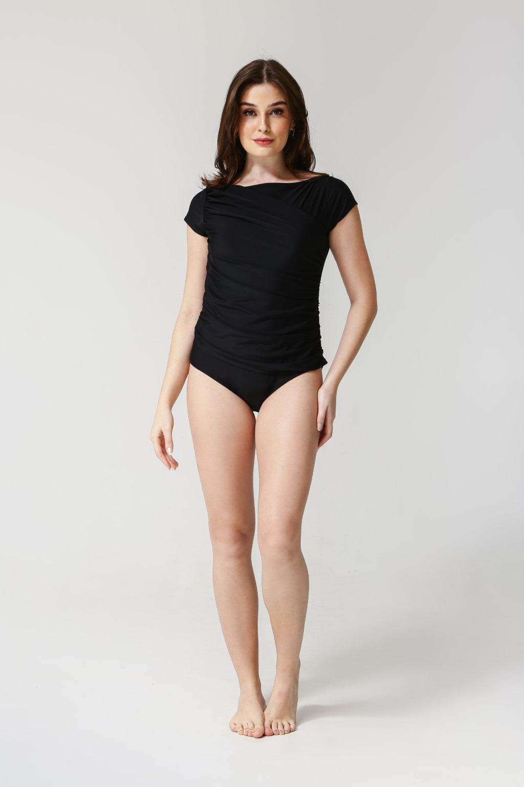 Lanuuk Diana Midi Swimsuit - Black | Short Sleeve One Piece Full Coverage Modest Swimwear Burkini