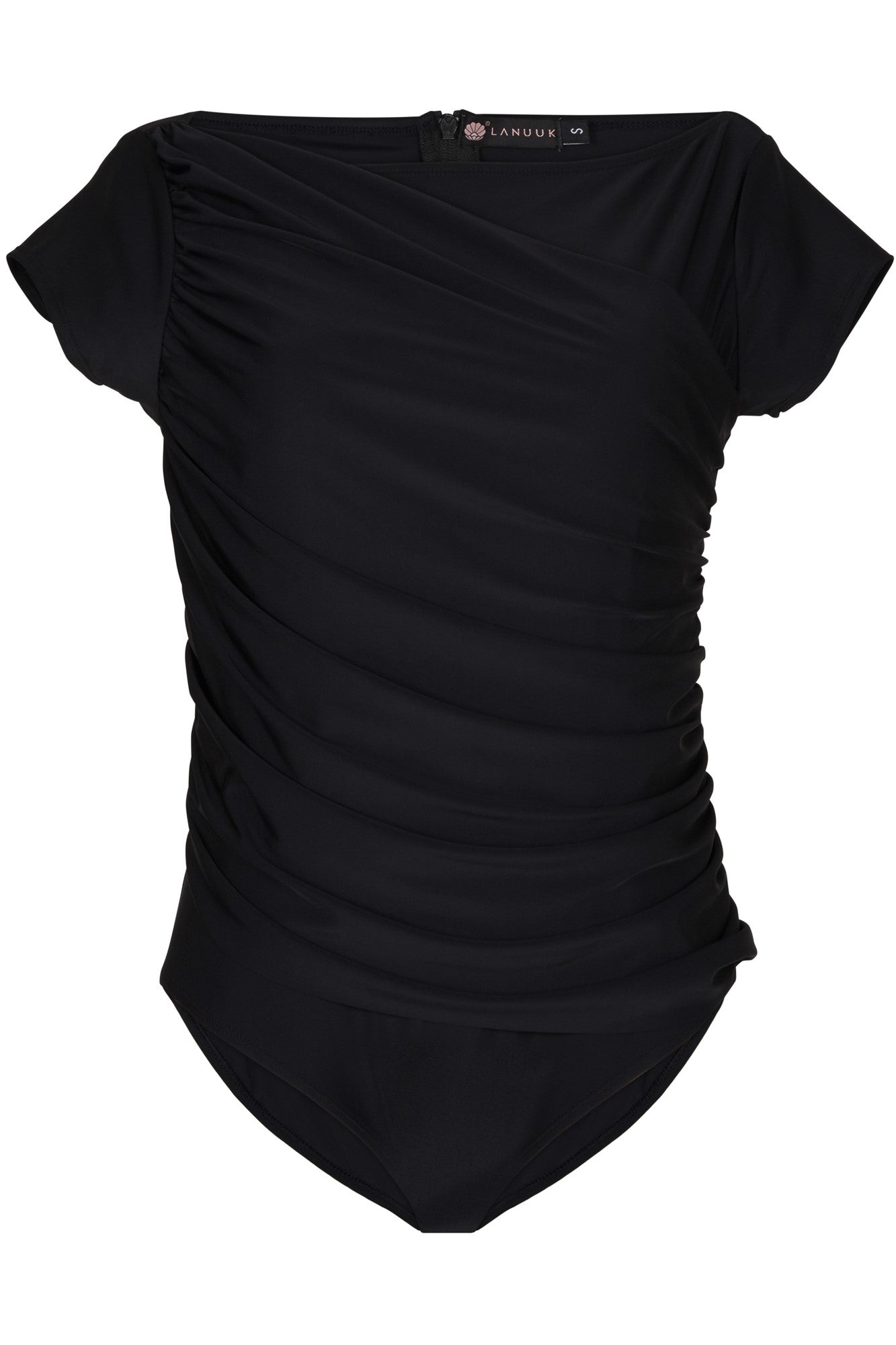 Lanuuk Diana Midi Swimsuit - Black | Short Sleeve One Piece Full Coverage Modest Swimwear Burkini