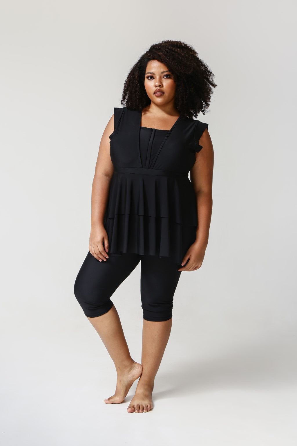 Lanuuk Serena Midi Swimsuit - Black | Short Sleeve One Piece Full Coverage Modest Swimwear Burkini