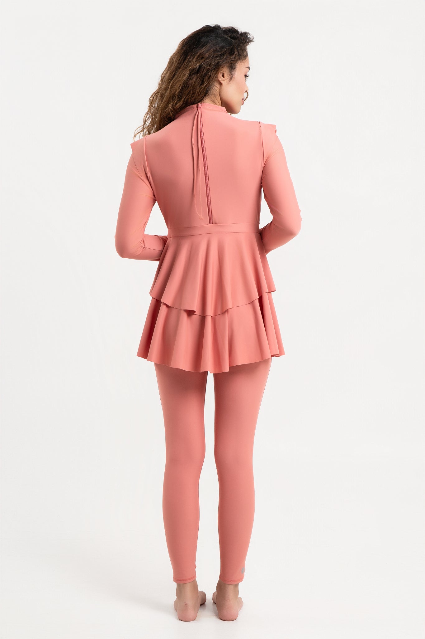 Lanuuk Serena Modest Swimwear Dress Burkini Peplum Coral UPF Sunsafe