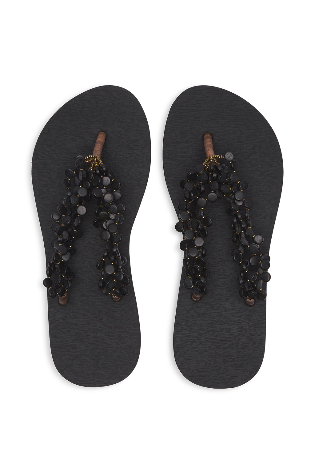 Resortwear Sandals Mother of Pearl Beaded Slippers Flip Flops Beach Slides Black