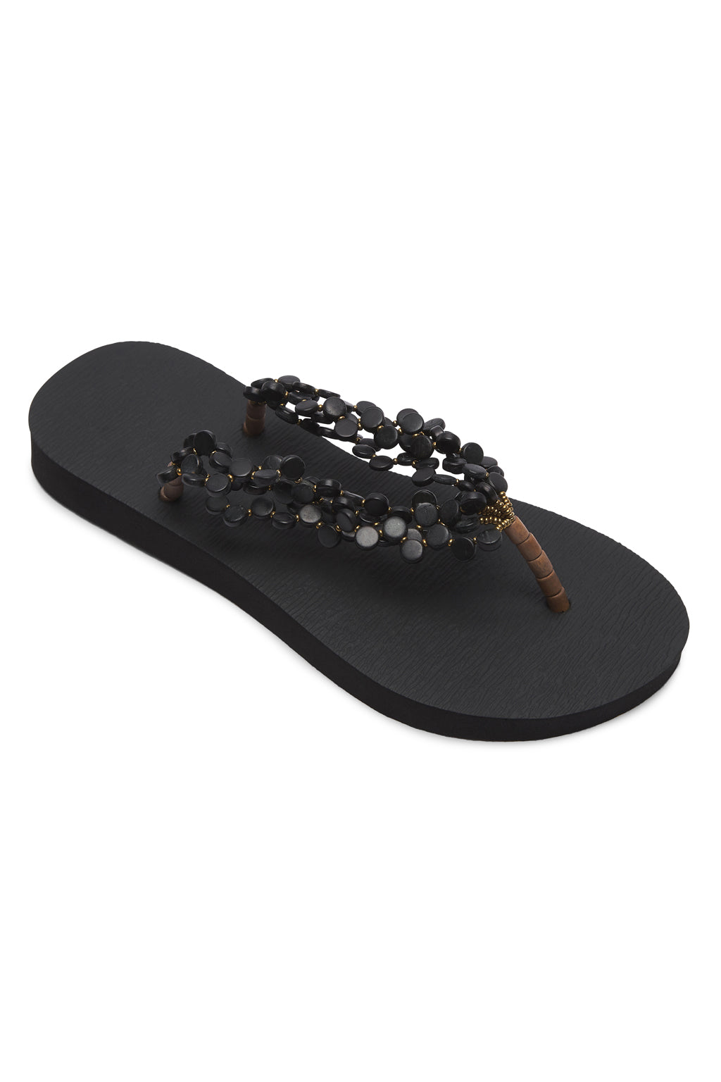 Resortwear Sandals Mother of Pearl Beaded Slippers Flip Flops Beach Slides Black