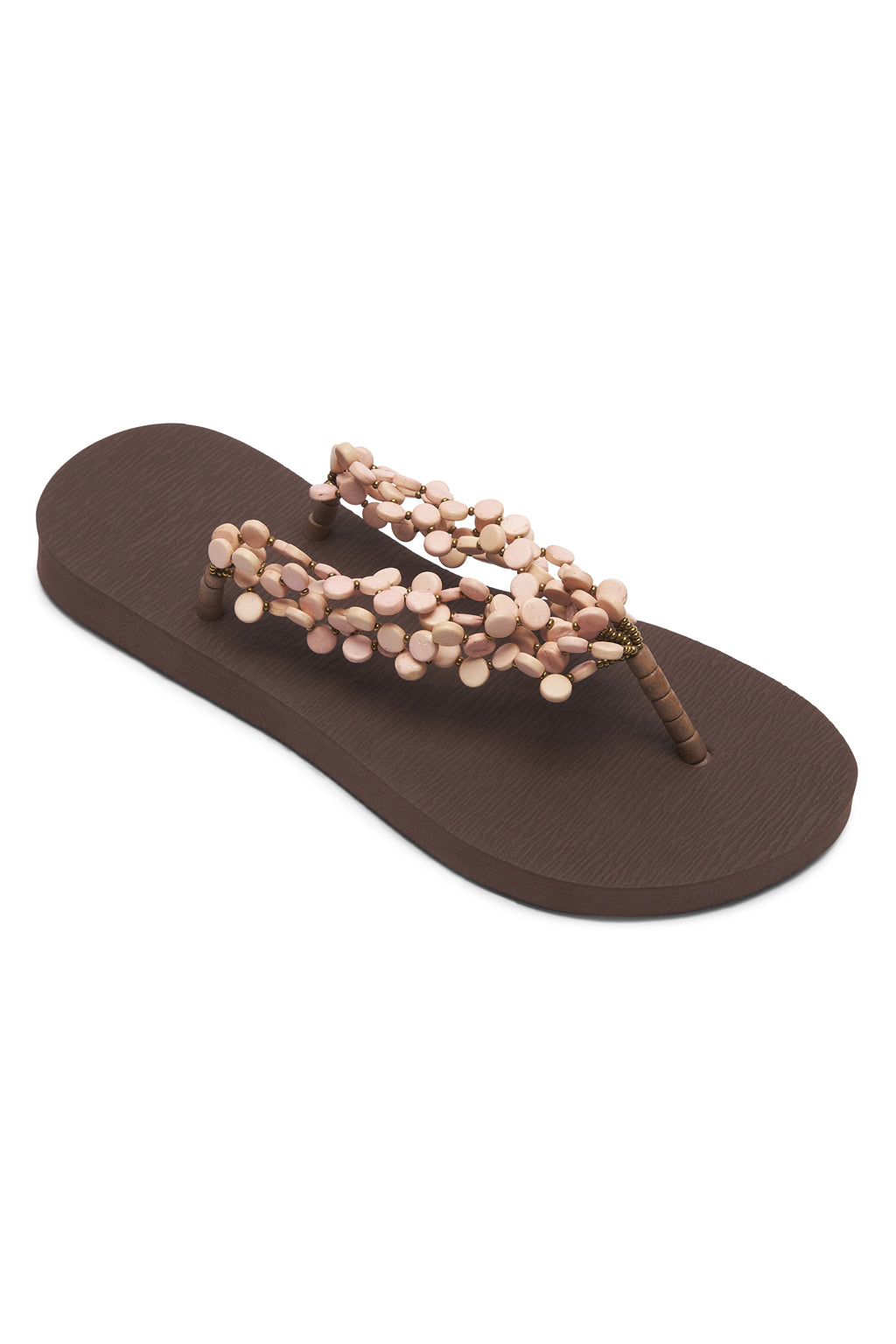 Resortwear Sandals Mother of Pearl Beaded Slippers Rubber Flip Flops Beach Slides Brown Blush