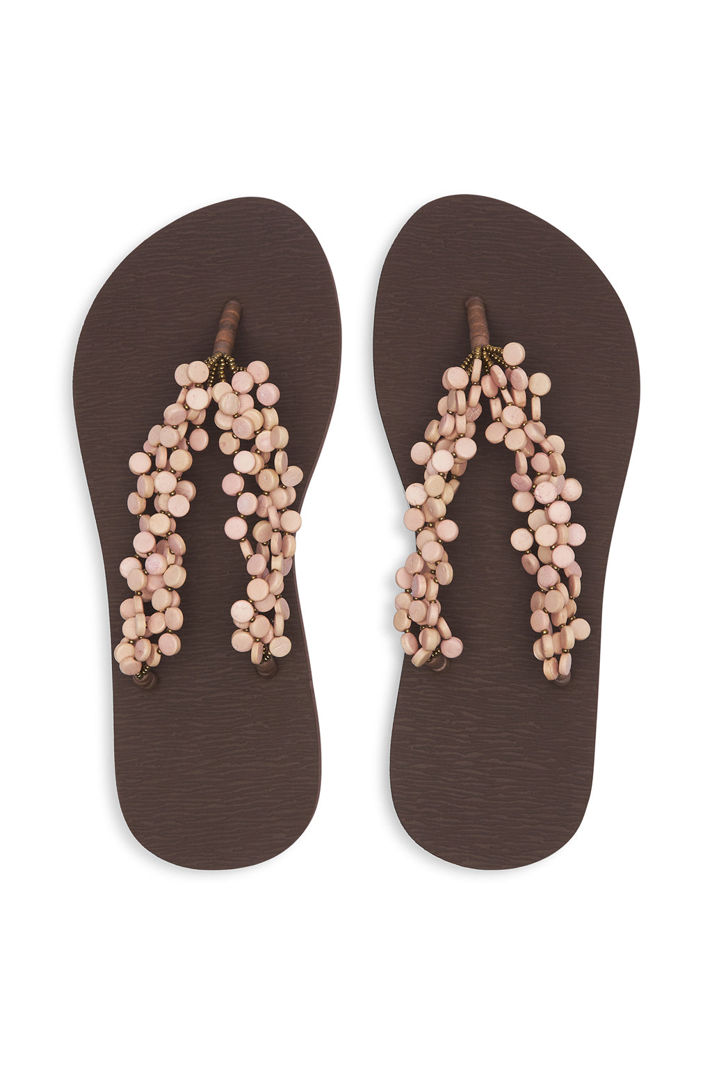 Resortwear Sandals Mother of Pearl Beaded Slippers Rubber Flip Flops Beach Slides Brown Blush