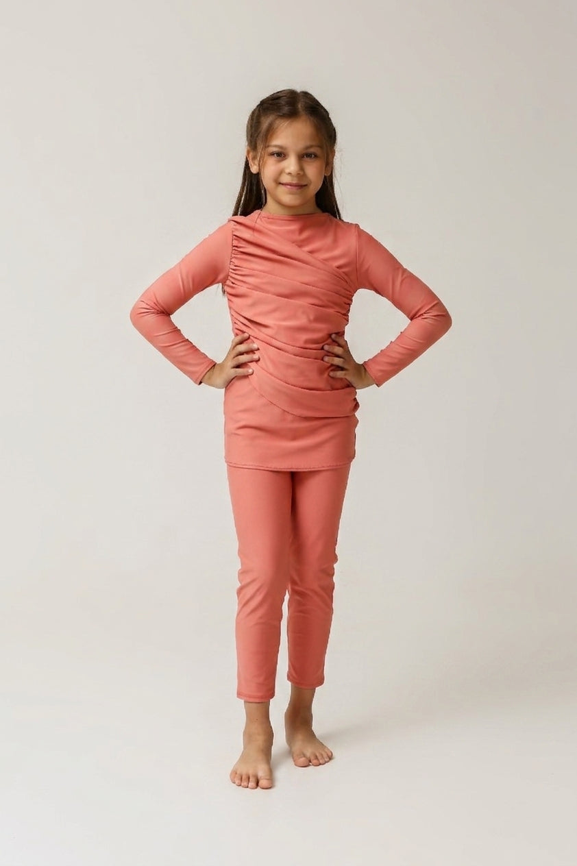 Lanuuk Diana Kids Two Piece Swimwear - Coral | UPF Full Coverage Modest Sunsafe Burkini for Girls
