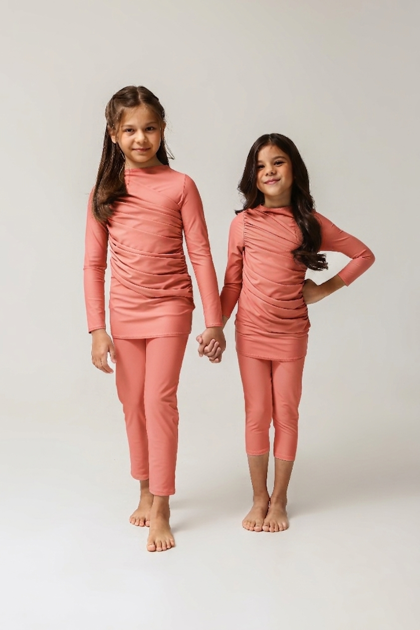 Lanuuk Diana Kids Two Piece Swimwear - Coral | UPF Full Coverage Modest Sunsafe Burkini for Girls matching
