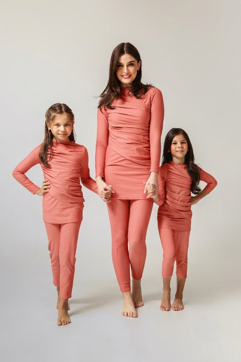Lanuuk Diana Kids Two Piece Swimwear - Coral | UPF Full Coverage Modest Sunsafe Burkini for Girls Mommy & Me