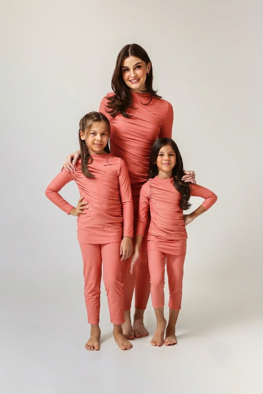 Lanuuk Diana Kids Two Piece Swimwear - Coral | UPF Full Coverage Modest Sunsafe Burkini for Girls Mommy and Me