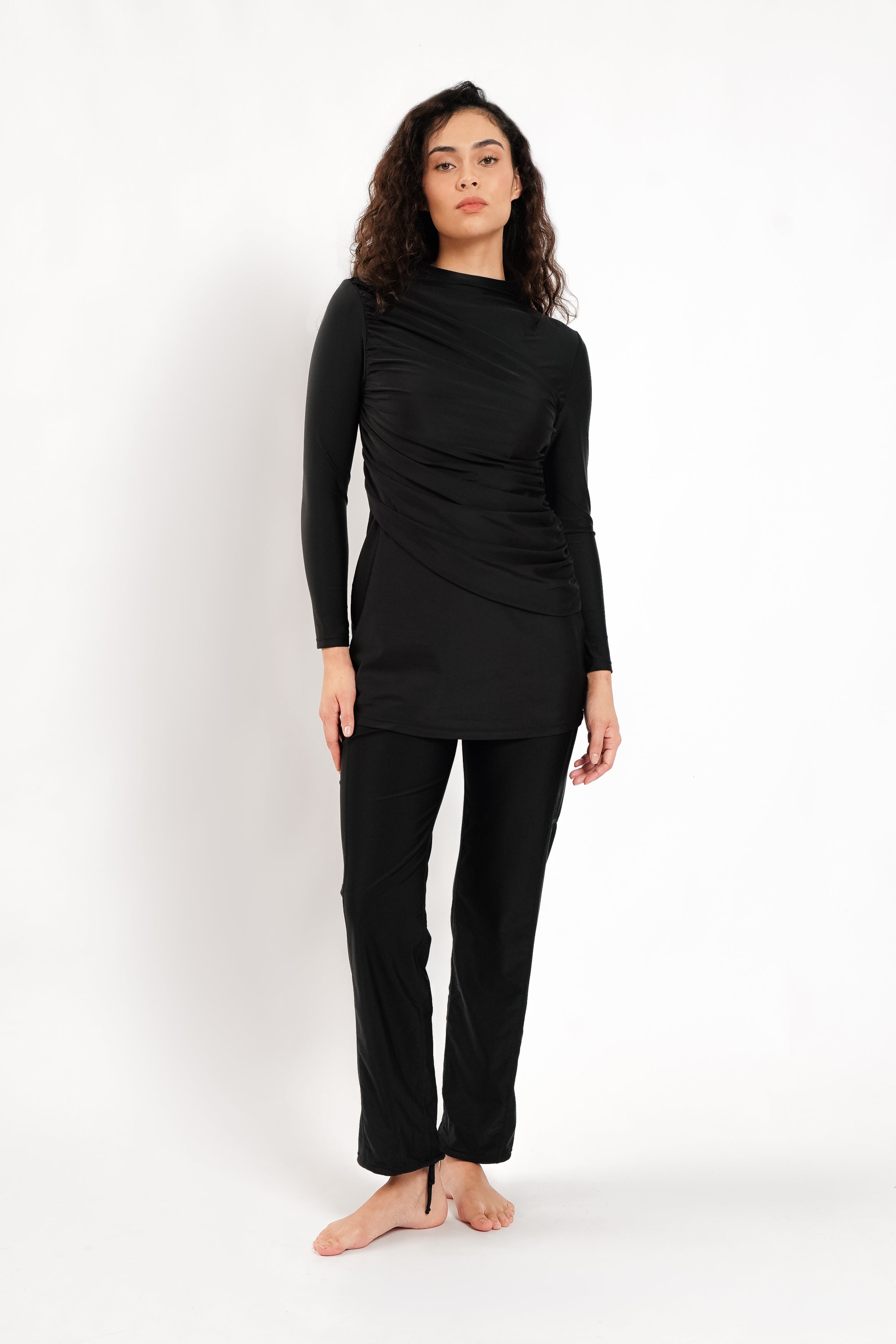 Lanuuk Diana Modest Swimwear Swim Beach Dress Ruched Burkini Black with Pants Loose