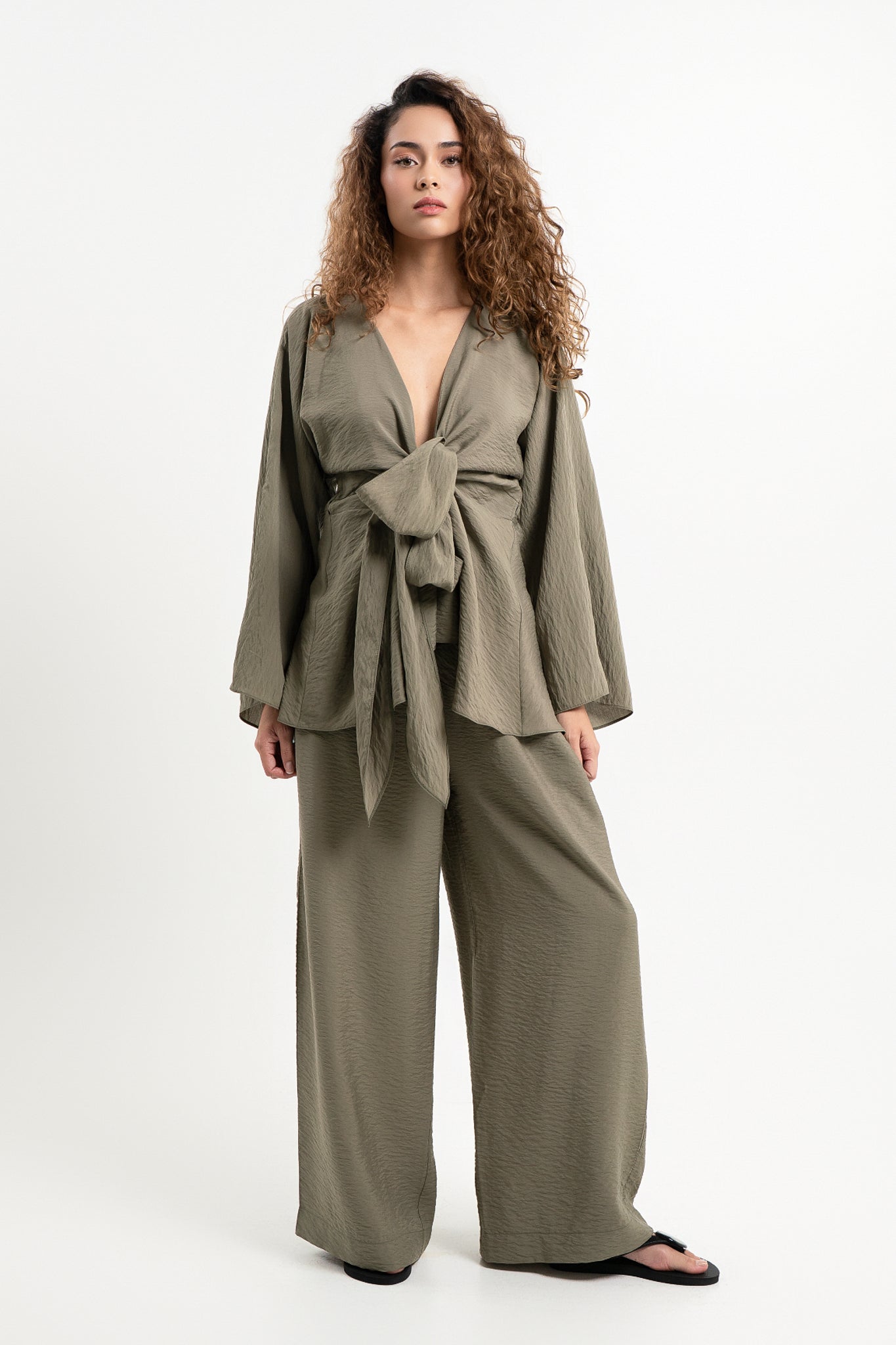 Lanuuk Resortwear Modest Relaxed Fit Flowy Shirt Blouse Cover Up Wrap Top Resort Coord Set Sustainable Ecovero Olive