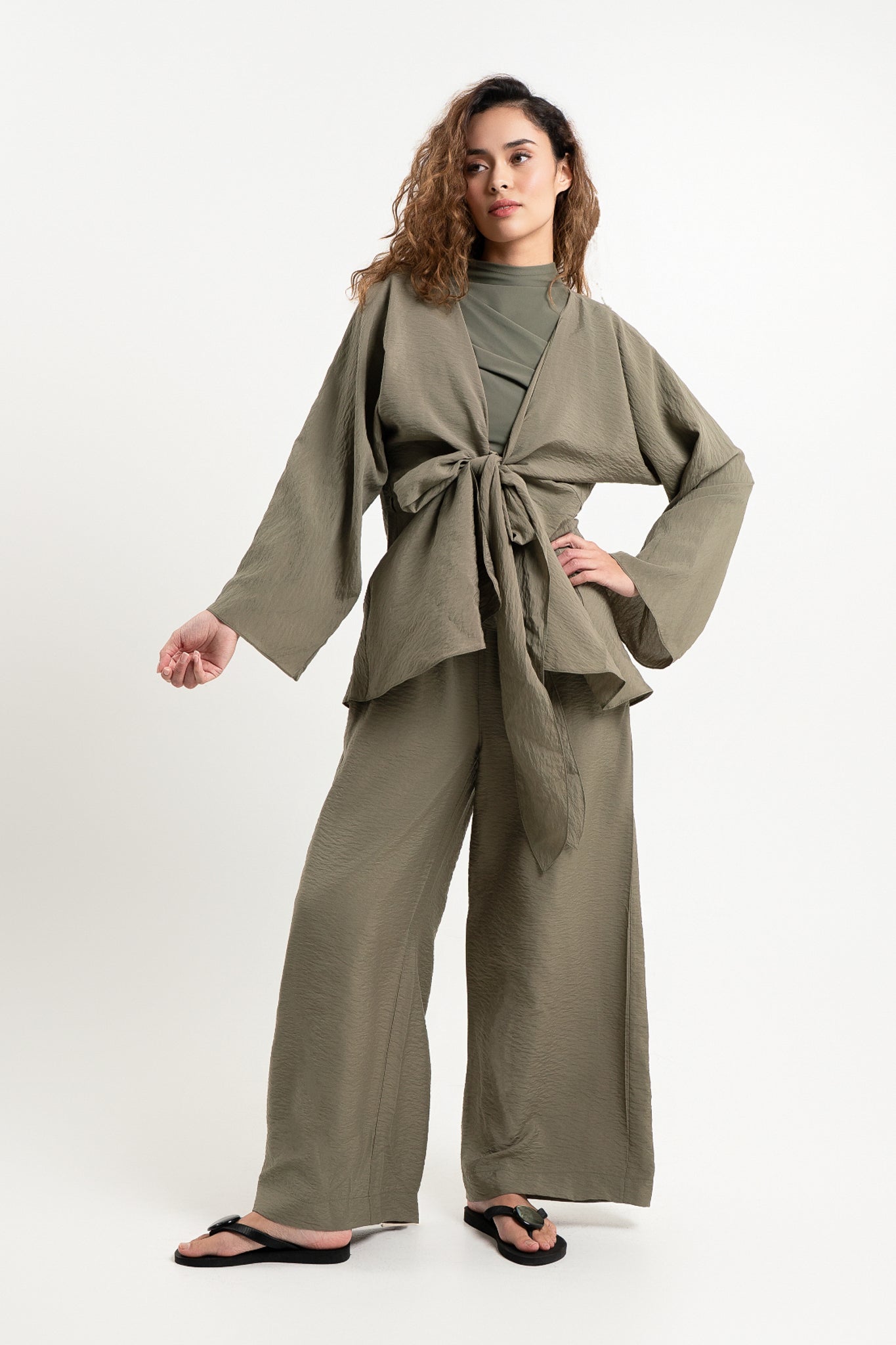 Lanuuk Resortwear Modest Relaxed Fit Flowy Shirt Blouse Cover Up Wrap Top Resort Coord Set Sustainable Ecovero Olive