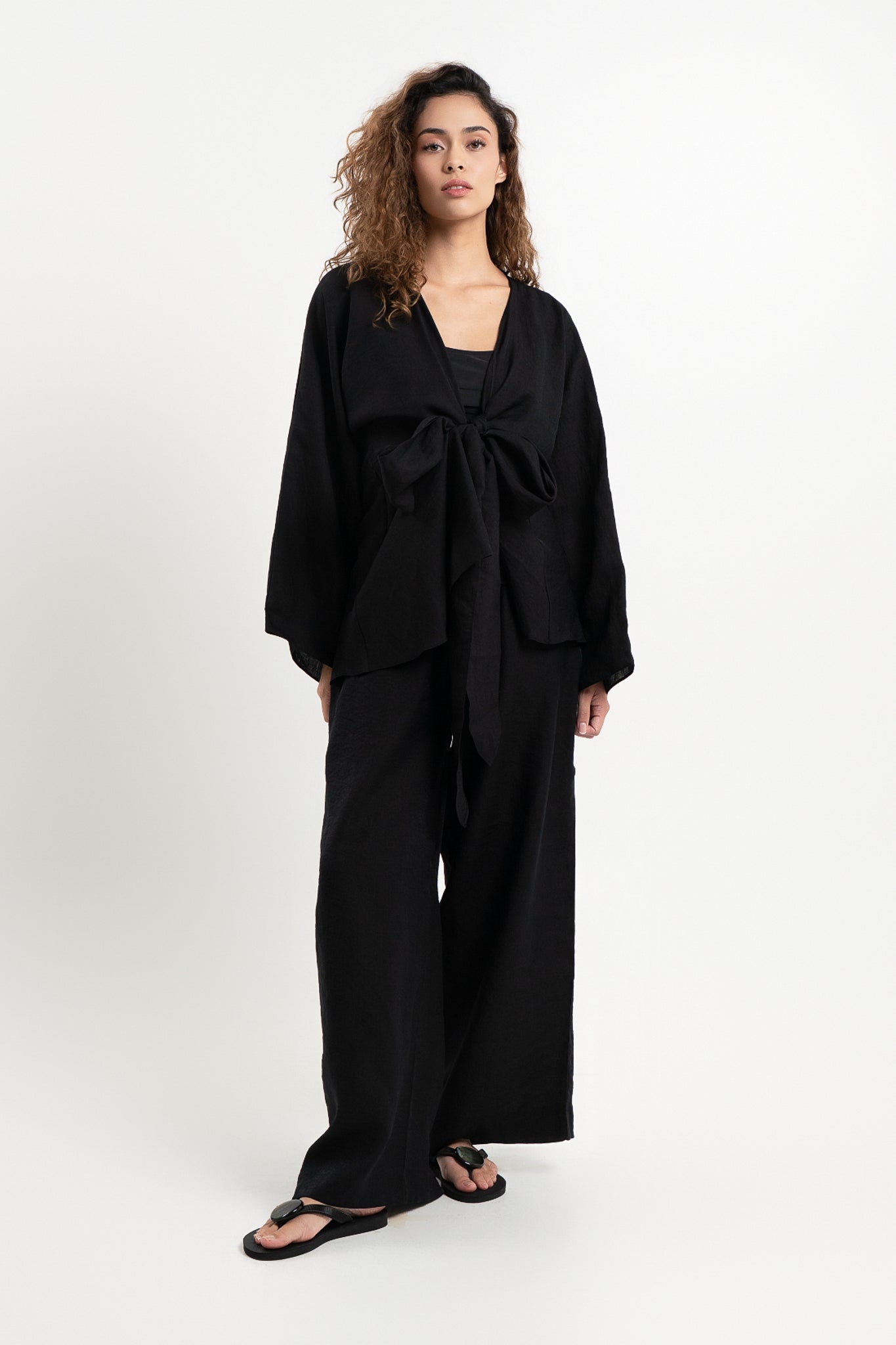 Lanuuk Resortwear Modest Relaxed Fit Flowy Shirt Blouse Cover Up Wrap Top Resort Coord Set Sustainable Lyocell Black