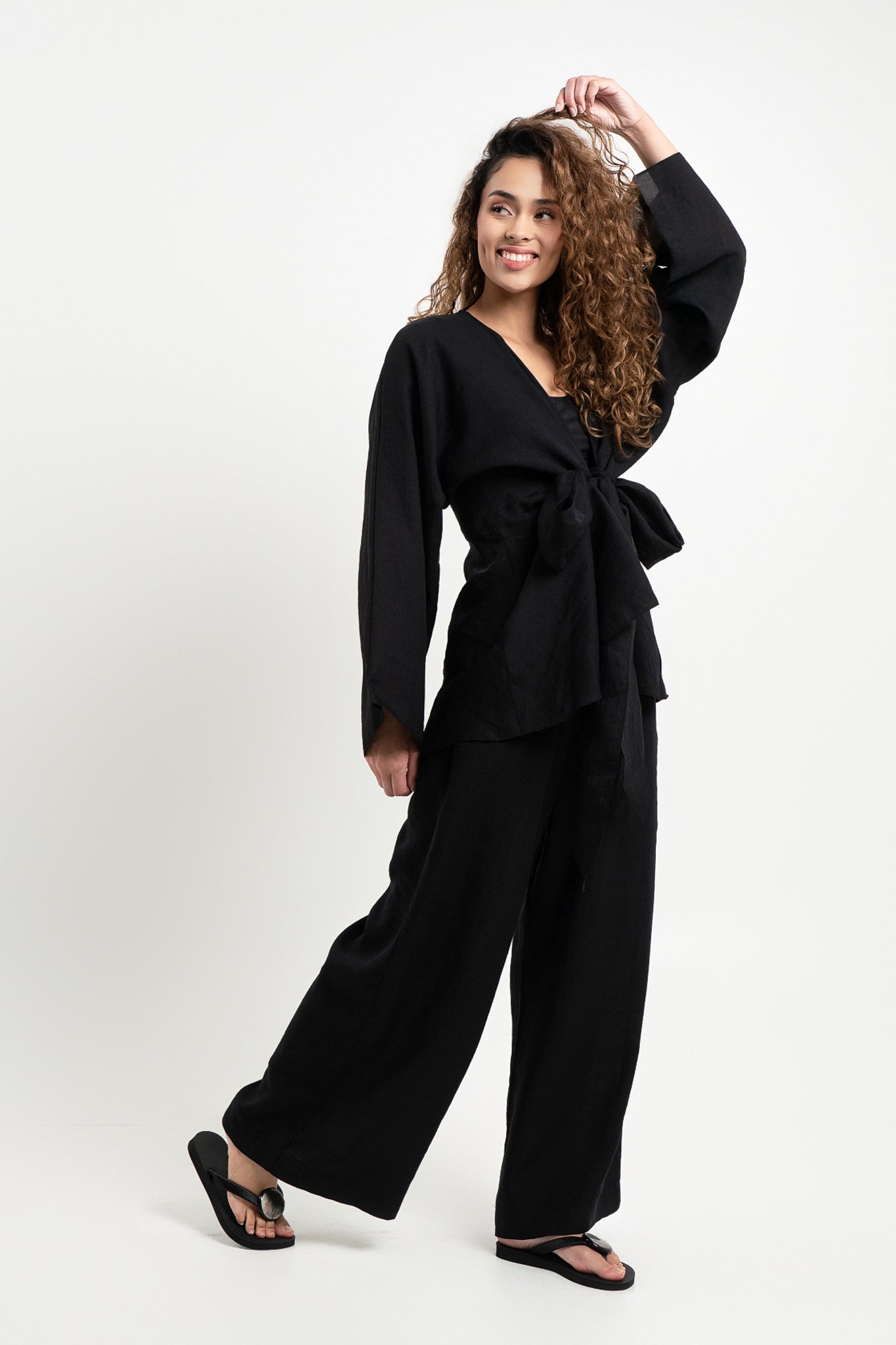 Lanuuk Resortwear Modest Relaxed Fit Flowy Shirt Blouse Cover Up Wrap Top Resort Coord Set Sustainable Lyocell Black