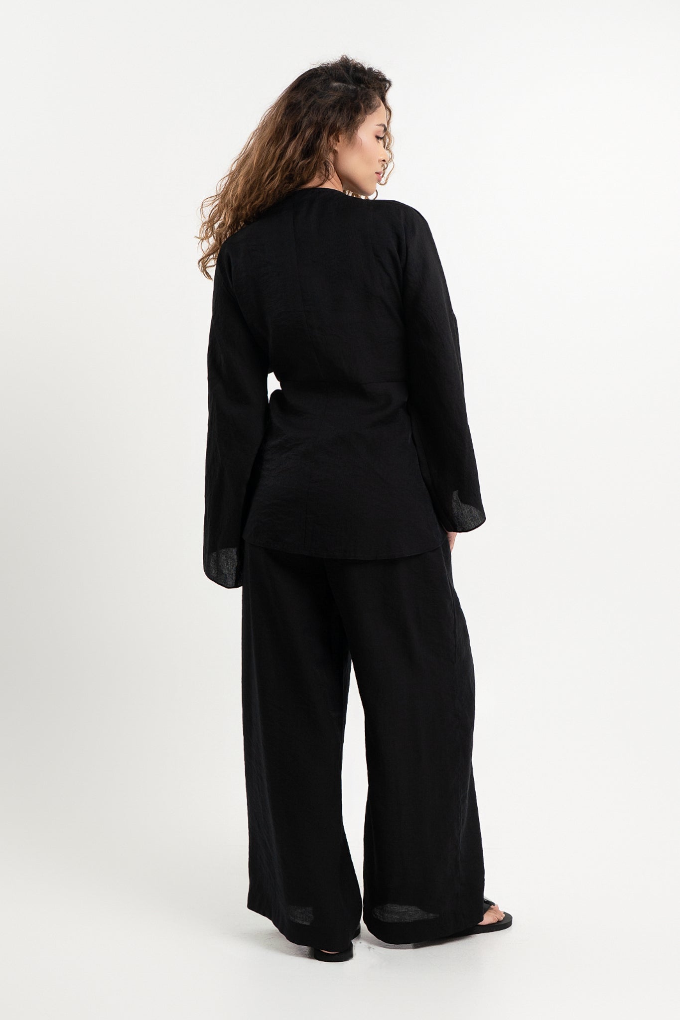 Lanuuk Resortwear Modest Relaxed Fit Flowy Shirt Blouse Cover Up Wrap Top Resort Coord Set Sustainable Lyocell Black