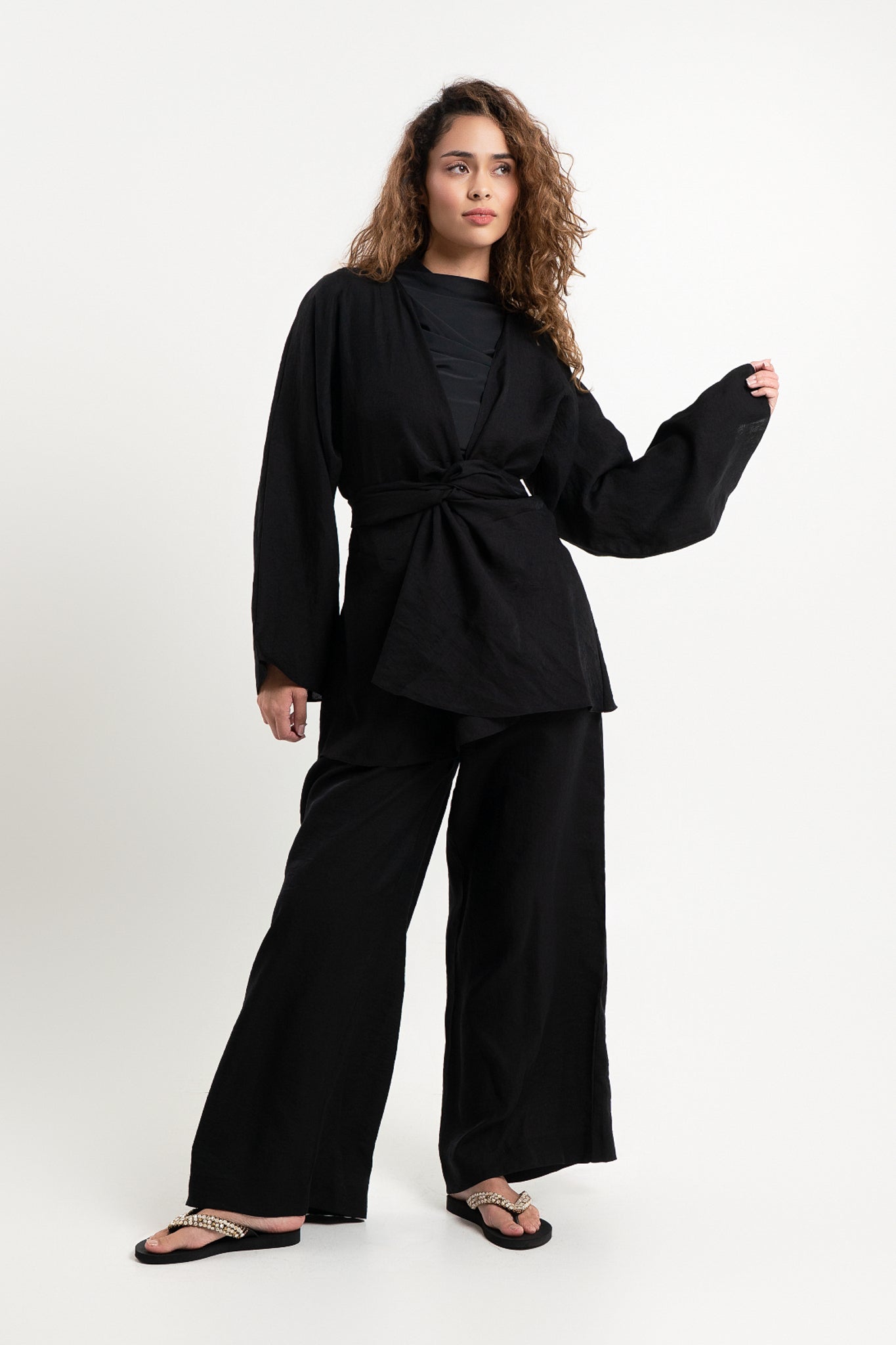 Lanuuk Resortwear Modest Relaxed Fit Flowy Shirt Blouse Cover Up Wrap Top Resort Coord Set Sustainable Lyocell Black