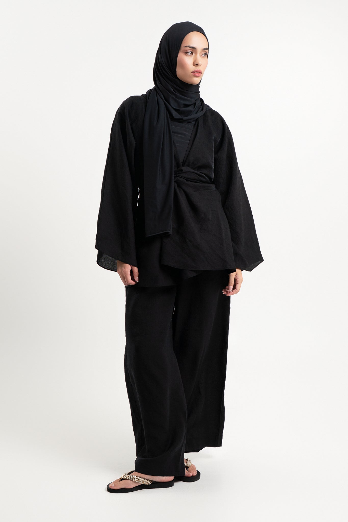 Lanuuk Resortwear Modest Hijab Relaxed Fit Flowy Shirt Blouse Cover Up Wrap Top Resort Coord Set Sustainable Lyocell Black