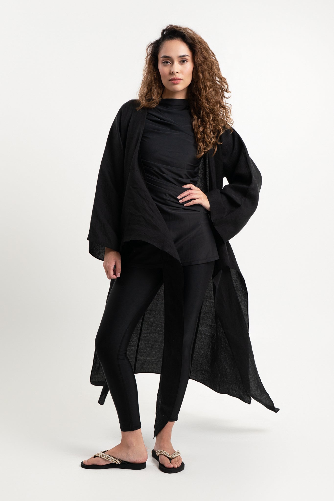 Lanuuk Resortwear Modest Knot Kaftan Kimono Wrap Cover Up Beach Coord Sustainable Lyocell Black Burkini