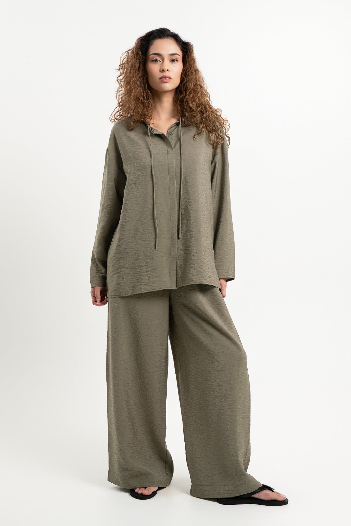 Lanuuk Resortwear Modest Relaxed Fit Flowy Shirt Blouse Cover Up Resortwear Coord Set Sustainable Ecovero Olive