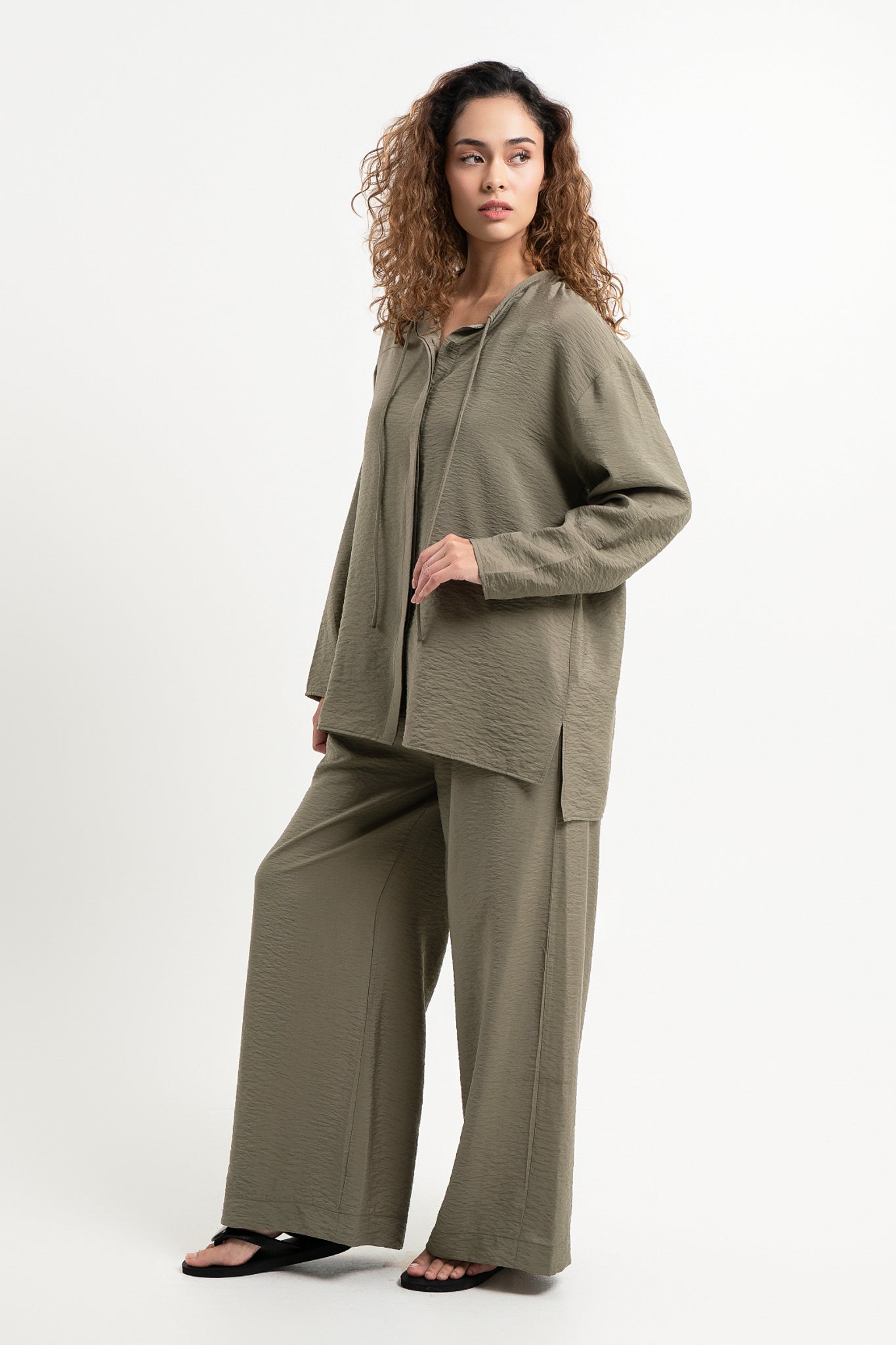 Lanuuk Resortwear Modest Relaxed Fit Flowy Shirt Blouse Cover Up Resortwear Coord Set Sustainable Ecovero Olive