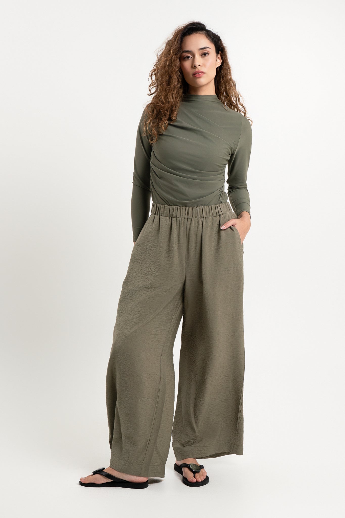 Lanuuk Resortwear Wide Leg Modest Relaxed Fit Flowy Resortwear Trousers Resort Co ord Beach Pants Ecovero Olive