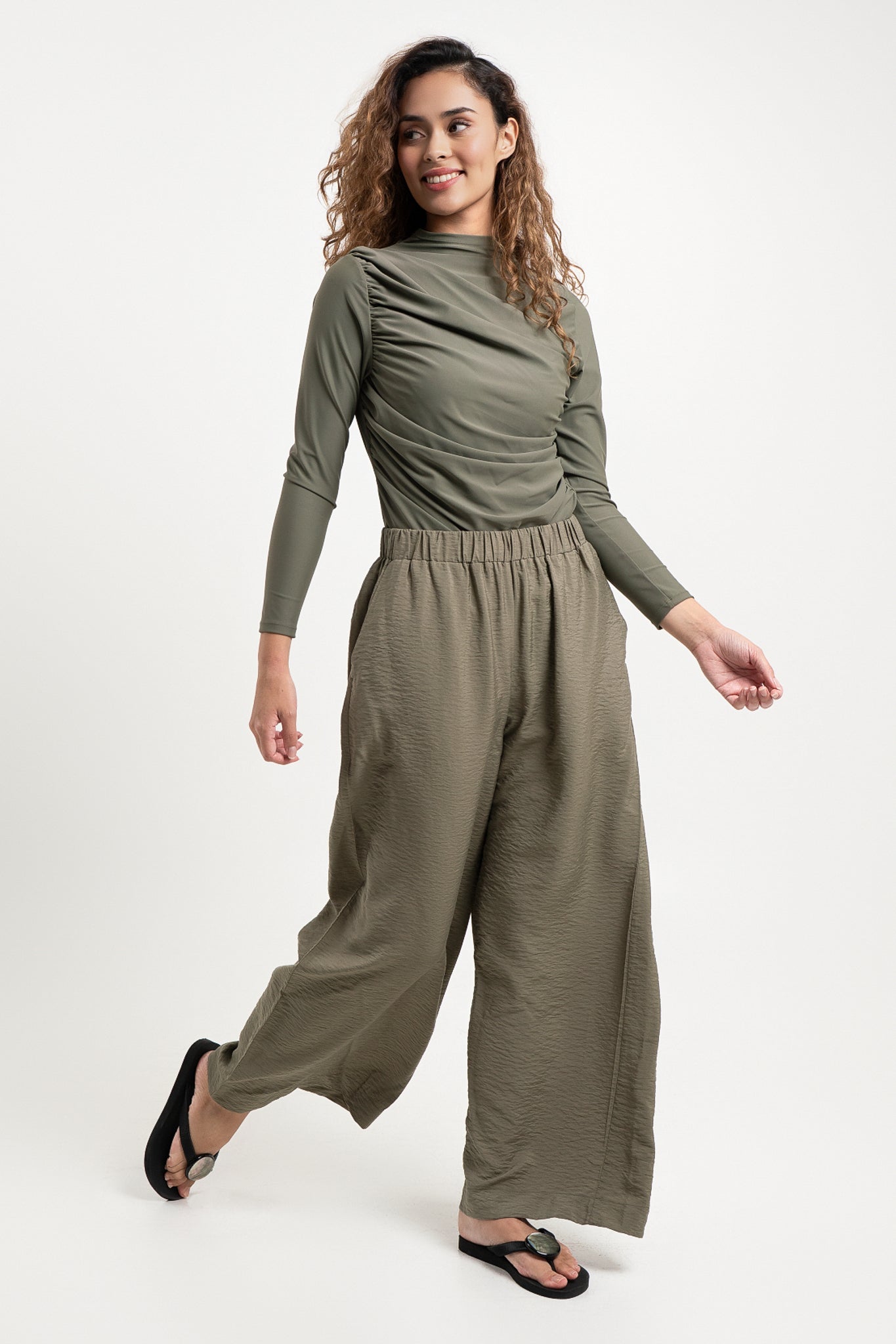 Lanuuk Resortwear Wide Leg Modest Relaxed Fit Flowy Resortwear Trousers Resort Co ord Beach Pants Ecovero Olive
