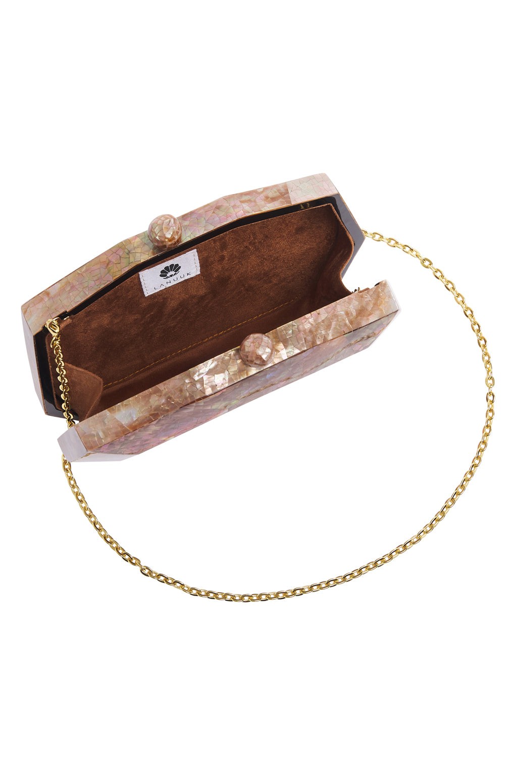Lanuuk Resortwear Handbag Clutch Mother of Pearl Occasion Wedding Resort Beach Shoulder Bag Brown Earth