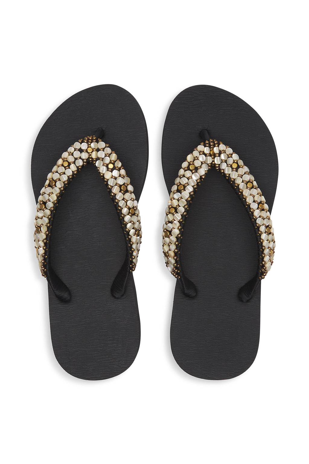 Resortwear Sandals Mother of Pearl Beaded Slippers Rubber Flip Flops Beach Slides Black Cream
