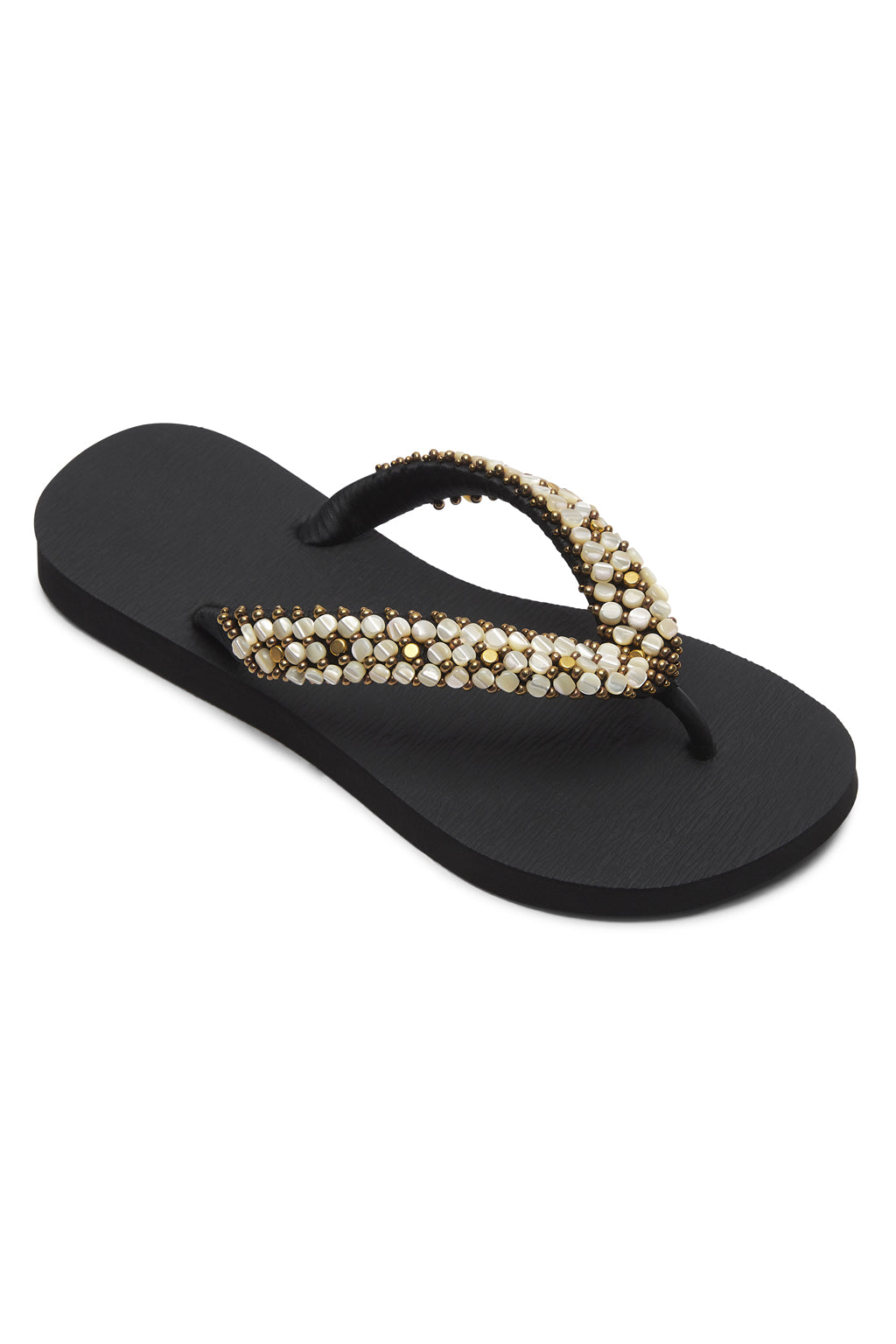 Resortwear Sandals Mother of Pearl Beaded Slippers Rubber Flip Flops Beach Slides Black Cream