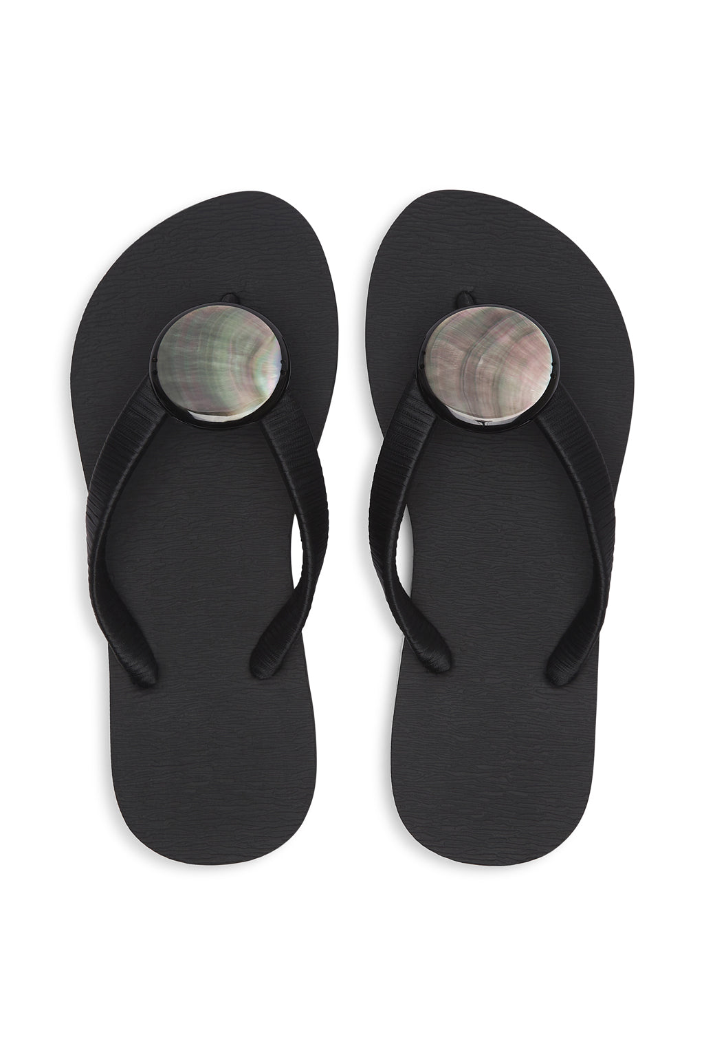 Resortwear Sandals Mother of Pearl Beaded Slippers Rubber Flip Flops Beach Slides Black Shell