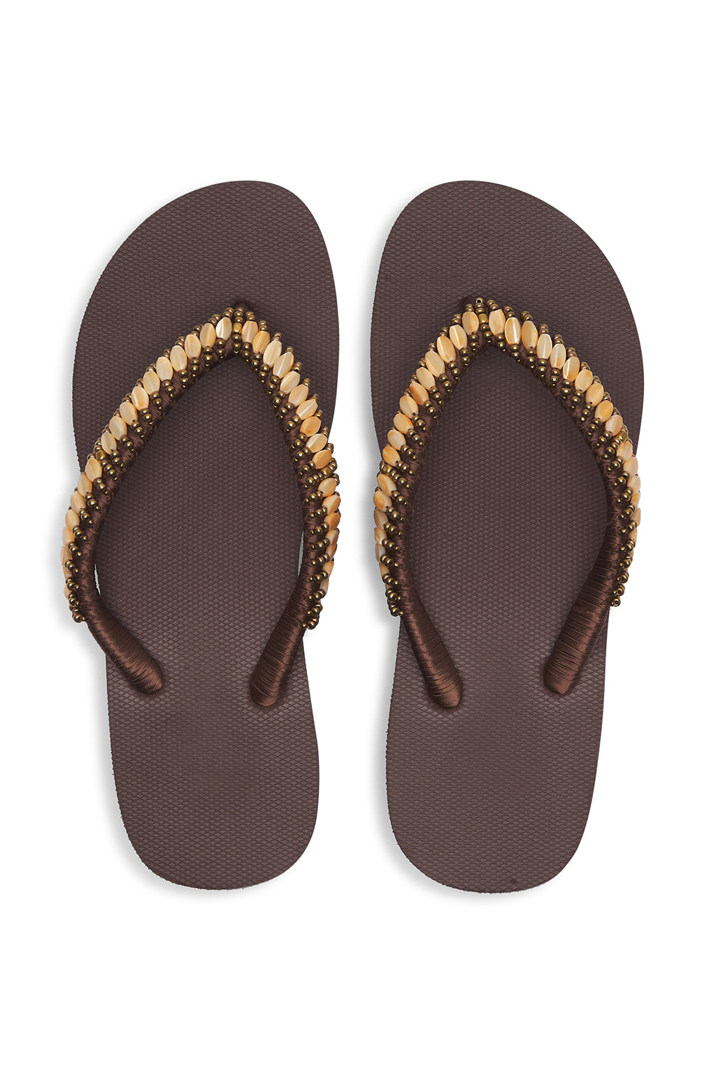 Resortwear Sandals Mother of Pearl Beaded Slippers Rubber Flip Flops Beach Slides Brown Blush