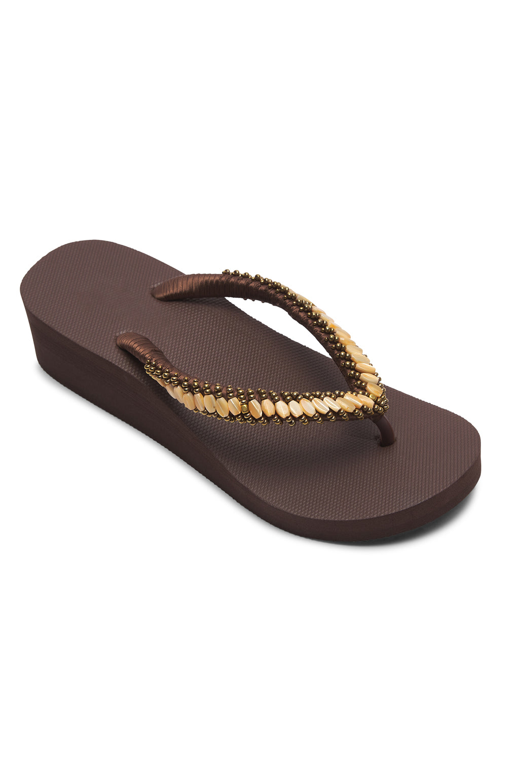 Resortwear Sandals Mother of Pearl Beaded Slippers Rubber Flip Flops Beach Slides Brown Blush